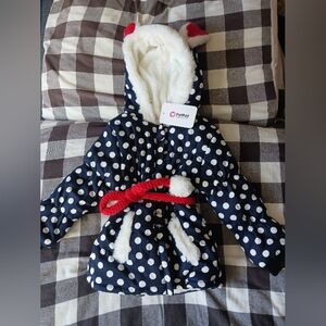 Polka Dot Hooded Coat with Red Belt